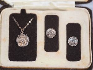 Vintage Sterling Silver Tudor Rose Necklace & Earrings Set In Original Box