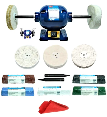 375W 6" Bench Grinder + Add-On Metal Polishing Kit 6" x 1" Mops 500gm Bars - Image 1 of 4