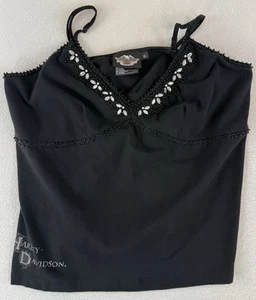 Harley Davidson women's black beaded rhinestone logo tank Cami Built In Bra XL - Picture 1 of 9