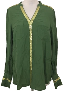 Love& Roses Women's Blouse Size 10 Green Sequin Trim Pockets Used F1 - Picture 1 of 11