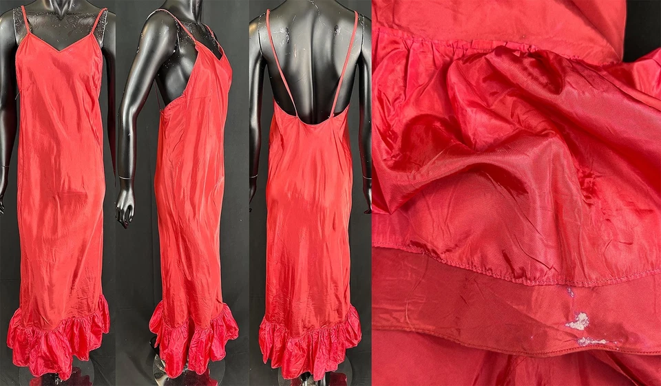 Vintage Lingerie Red Rayon Taffeta Tango Backless Bias Cut Long Full Slip Dress - Image 1 of 1