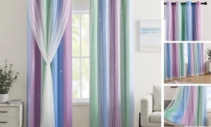 Blackout Curtains for Girls Kids Bedroom - Blue Purple Green Rainbow Unicorn - Picture 1 of 8