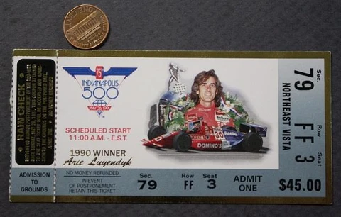 1991 Indianapolis Motor Speedway Indy 500 Race ticket Arie Luyendyk Rick Mears! Cover