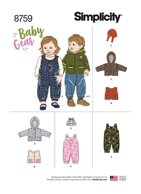 SIMPLICITY 8759 OVERALLS JACKET VEST HATS Children's Sewing Pattern  XXS-L - Image 1 of 4