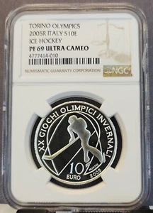 2005 ITALY SILVER 10 EURO ICE HOCKEY NGC PF 69 ULTRA CAMEO TOP POP 1 - Picture 1 of 3
