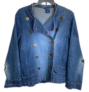 Village Jeans Womens Blue Denim Double Breasted Distressed Jacket Size 2X - Picture 1 of 9