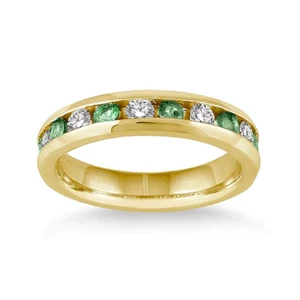 Emerald & White Topaz/Diamond accent band Ring Yellow Gold over Sterling Silver - Picture 1 of 4