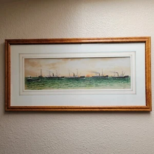 Antigua pintura marítima Gouache circa 1900 de una flota de barcos de vapor, por "Tully" - Imagen 1 de 13