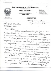THE MATHIESON ALKALI WORKS, INC. N. YORK Letterhead DATED AUG 17 - 1929 - Picture 1 of 2