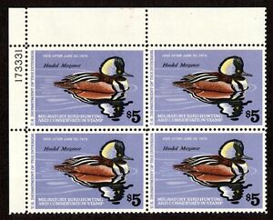 1978 Block RW45 Hooded Meranser Duck Stamps w Plate Block Number OG, NH