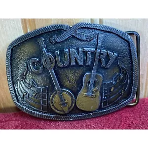 Vtg 1976 Country Music Belt Buckle Guitar Banjo Music Notes Indiana Metal Craft - Picture 1 of 8