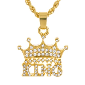 Mens Iced Out CZ Gold Silver Plated Mini Crown King Pendant 20" Rope Chain HC337 - Picture 1 of 6