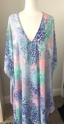 CATALINA L 12-14 雪纺蓝色粉色水彩 MAXI CAFTAN 游泳遮盖连衣裙 — 第 1/4 张图片