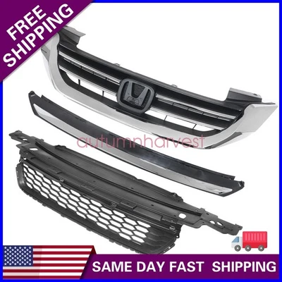New Fit 2013-2015 Honda Accord Front Upper Lower Grille W/Chrome Trim - Image 1 of 4