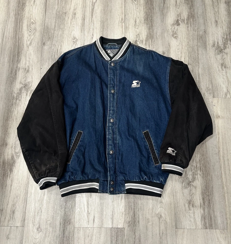 Chaqueta de bombardero de mezclilla universitaria Starter Sport vintage rara forrada con edredón talla X-grande Foto 1 de 4
