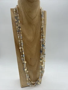 Vintage Apricot Lustre Blue Glass Long Necklace Hand Tri Strand Rope Beads - Picture 1 of 24