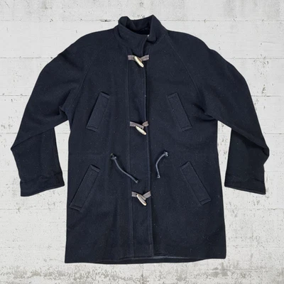 Abrigo vintage años 90 mezcla de lana negro cierre palanca ribete cuero talla mediana Foto 1 de 4