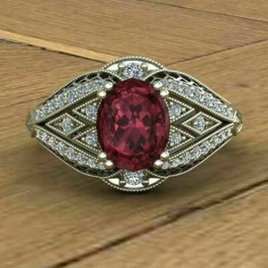 2,00 Karat ovaler Schnitt simuliert roter Rubin Vintage Verlobungsring 14K weiß vergoldet - Bild 1 von 4