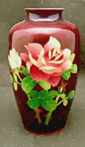 Jarrón japonés de colección Ginbari cloisonne ando sato paloma rosas sangre roja 5" c1935 en muy buena condición - Imagen 1 de 6