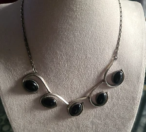 Navajo Signed Rainstar Sterling Silver Black Onyx 17" Vintage Necklace - Picture 1 of 4