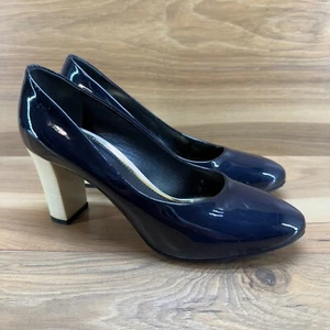 LANVIN Paris Women's Size 7.5 EU 38 Dark Navy Patent Leather Pumps Round Toe - Picture 1 of 11