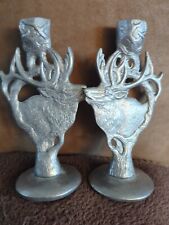 Elk Themed Pair Of Pewter Candlabras By Highlite Pre-owned Vintage Home Decor 