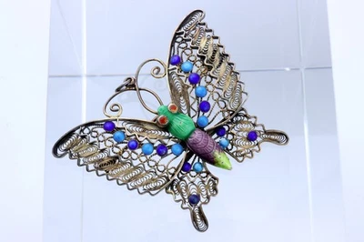 Schmetterling Filigran Silber Emaille Kettenanhänger Brosche China alter Schmuck - Bild 1 von 4
