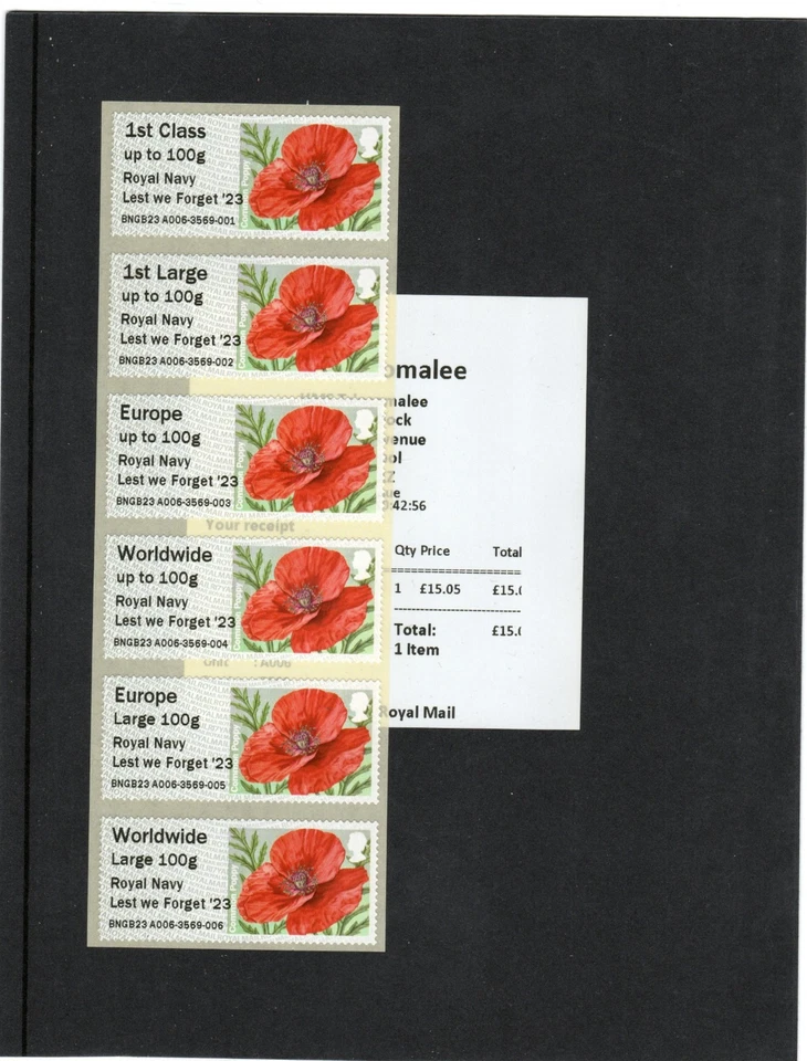 Poppy R17YAL "Royal Navy Lest We Forget '23" C/S of 6 - V. Scarce Post & Go - Image 1 of 1