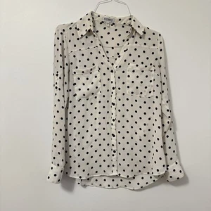 Express Womens M Ivory Polka Dots Button Front Roll Tab Sleeves Portofino Shirt - Picture 1 of 8