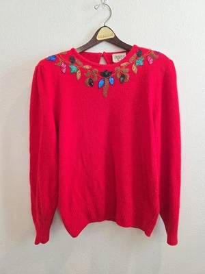 Suéter feminino vintage raro anos 80 Cervelle Natal lantejoulas vermelhas com miçangas tamanho G mistura de seda - Imagem 1 de 4