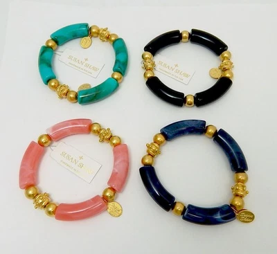 Susan Shaw 丙烯酸和金色珠4弹力手链粉色蓝色绿松石色 — 第 1/3 张图片