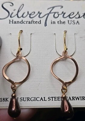 Silver Forest Earrings USA Gold Bronze Beads Twist Twirl Dangle Teardrop  - Image 1 of 4