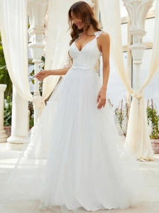 Vestido de Boda de Tul con Doble Cuello en V Encaje Cuerpo Abierto Espalda - Imagen 1 de 8