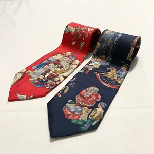 Wembley Mens Santa Christmas Holiday 100% Silk Tie Blue Red Made In USA Lot Of 2 - Picture 1 of 8