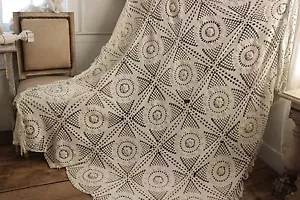 Antiguo mantel francés / crochet textil hecho a mano encaje textil 84X67 flecos - Imagen 1 de 11