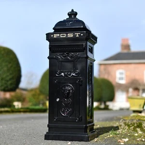 'The Lincoln' Black and Gold Freestanding Pillar Box - Lockable Letter Mail Box - Picture 1 of 9