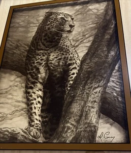 VTG Dennis Curry Lucid Lines Leopard Etching On Glass/Wood Frame 1976-17”x21.75” - Picture 1 of 8