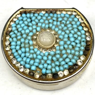 Pill Trinket Box Vintage Metal Turquoise Hinged Rhinestone Aqua Blue Cluster - Image 1 of 4