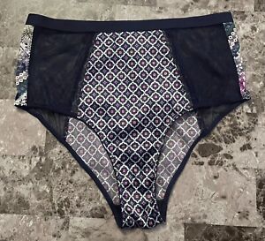 NWT VICTORIA'S SECRET XS SATIN SMOOTH BLUE GEOMETRIC MESH RARE CHEEKY PANTIES