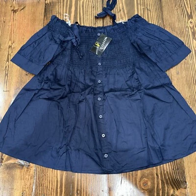 Nuevo con etiquetas Vestido Vine Juvenil Talla 3X Línea A Fuera del Hombro Abotonado - Azul Marino Foto 1 de 4