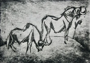 G. Kohlert, signierte Radierung, Rinder, zwei Stiere auf einer Weide, 1963 - Bild 1 von 11