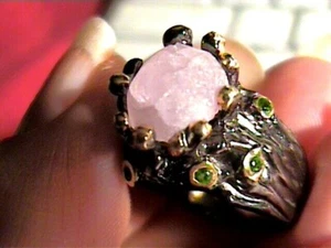 STERLING 925 SILVER MORGANITE ROUGH TSAVORITE NATURAL RING 7.25 art designer - Picture 1 of 7