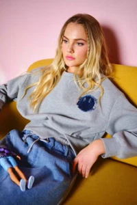 CES FEMME SMILE DENIM PATCH CROP SWEATSHIRT GRAY SIZE MEDIUM-SO CUTE!!! - Picture 1 of 5