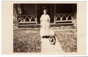 DOG RPPC WOMAN Porch SIDEWALK AZO Vintage Real Photo Postcard - Picture 1 of 2