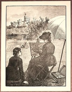1890 Engraving Two Victorian Era Women Painting Scottish Castle / Scotland - Picture 1 of 1