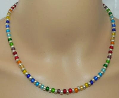 zarte Halskette Glasperlen rot blau mehrfarbig bunt Regenbogen Multicolor 032 - Bild 1 von 4