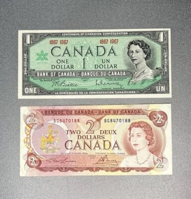 1867-1967 Centennial of Canada Dollar And Two Dollar Beattie Rasminsky Banknote - Image 1 of 4