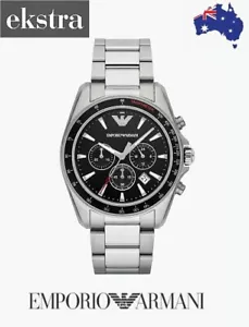 Emporio Armani Mens Quartz Watch -AR6098- silver case Black dial / tachy bezel - Picture 1 of 3