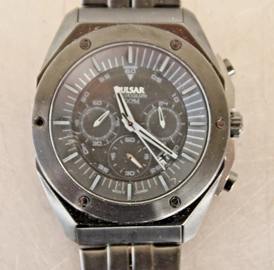 Pulsar VD53-X129 Chronograph Black Dial 100M Stainless Steel Mens Watch AS-IS #2 - Image 1 of 4