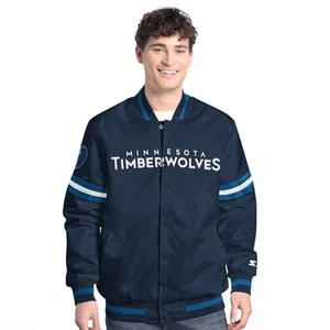 Men's Starter Navy/Blue Minnesota Timberwolves Scout Full Snap Varsity Jacket - Picture 1 of 2